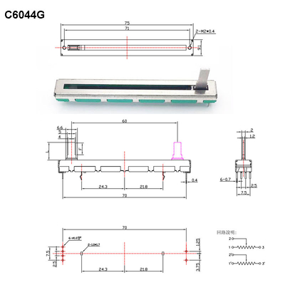 C6044G Dual Potentiometer Carbon Film Slide Potentiometer 60mm Reizen 5K 10K Lineaire Stereo Potentiometer