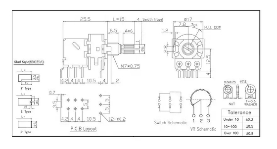 PCB-Veranderlijke de Weerstandspot DPDT van de Knop10k Roterende Potentiometer 0.2W